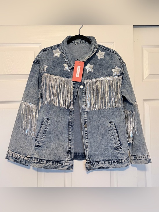 Amazon Jackets & Blazers - NWT Denim Jacket with Fringe and Star Accents